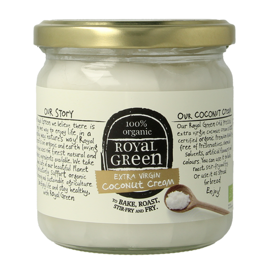 Royal Green Kokos cooking cream extra virgin bio in 325ml bottle, showcasing the creamy coconut product for cooking and baking.