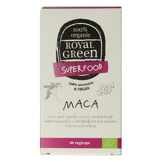 Royal Green Maca bio vegetarian capsules in a bottle, herbal supplement for natural health and vitality.