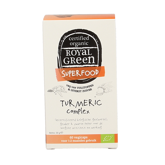 Royal Green Turmeric complex bio vegetarian capsules in a blister pack, herbal supplement for wellness.