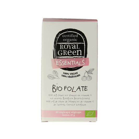 Royal Green Folate bio vegetarian capsules, dietary supplement with 60 capsules, natural vitamin B9 supplement for health.