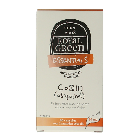 Royal Green Co Q10 Ubiquinol 60 capsules, dietary supplement with mineral blend for energy and antioxidant support.