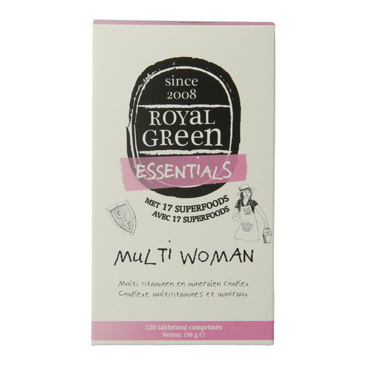 Royal Green Multi Woman 120 tablets bottle showing colorful supplement tablets and label with product details.