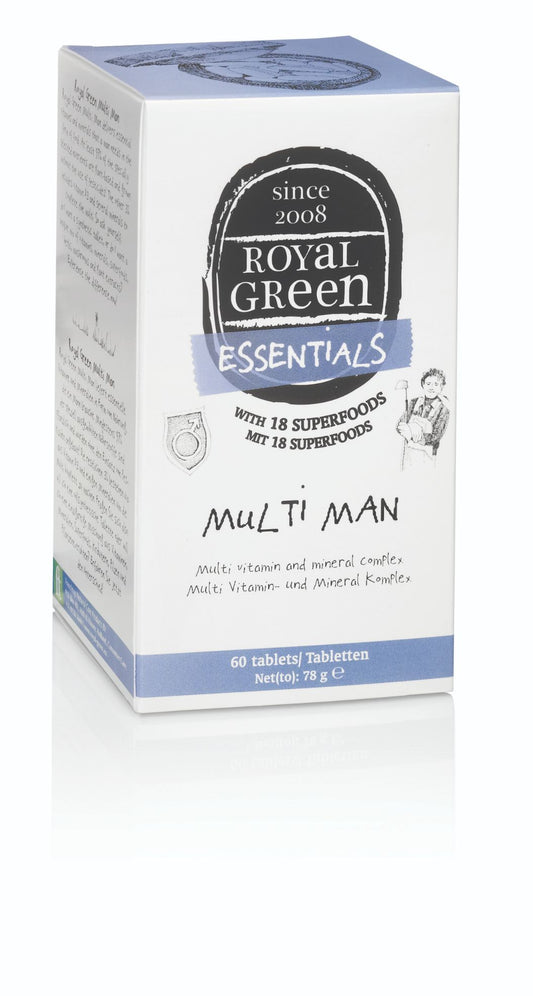 Royal Green Multi Man vitamin tablets in a bottle, showing a close-up of the supplement packaging and tablets inside.