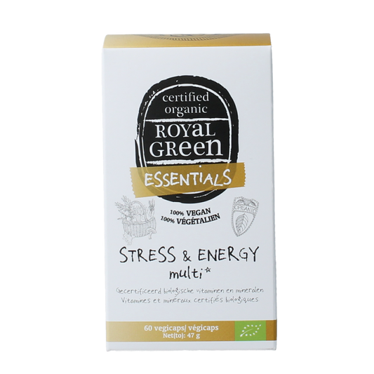 Royal Green Stress & Energy Multi Bio vegetarian capsules, dietary supplement with colorful capsules on white background.
