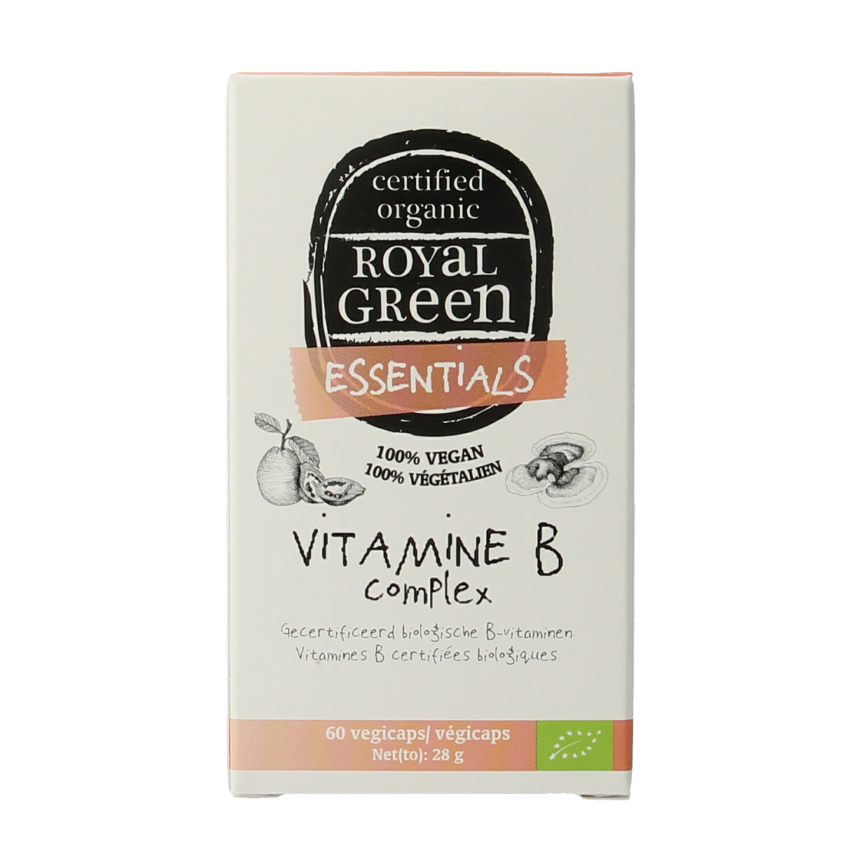 Royal Green Vitamin B Complex bio vegetarian capsules in a bottle, herbal supplement for energy and overall health.