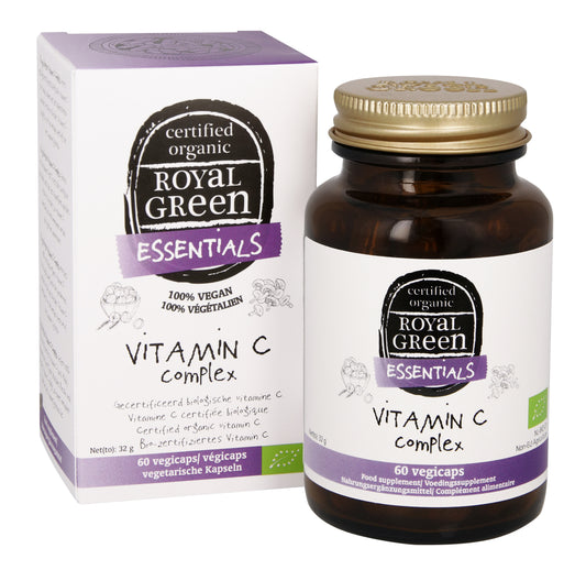 Royal Green Vitamin C Complex bio vegetarian capsules, dietary supplement for immune support, shown in a close-up image.