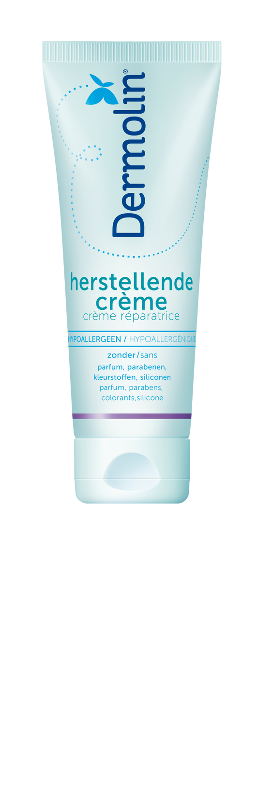 Dermolin Herstellende crème 75ml for body care, featuring a white tube with blue and green accents, on a white background.