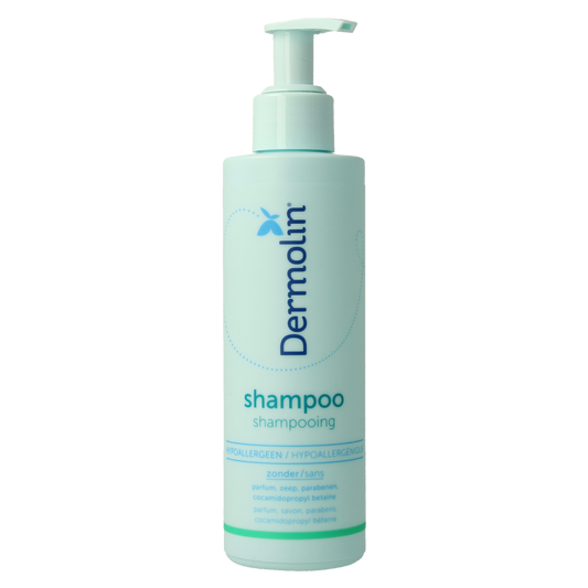 Dermolin shampoo CAPB vrij 200ml bottle, hair care product with white packaging and pump dispenser, gentle shampoo for sensitive scalp