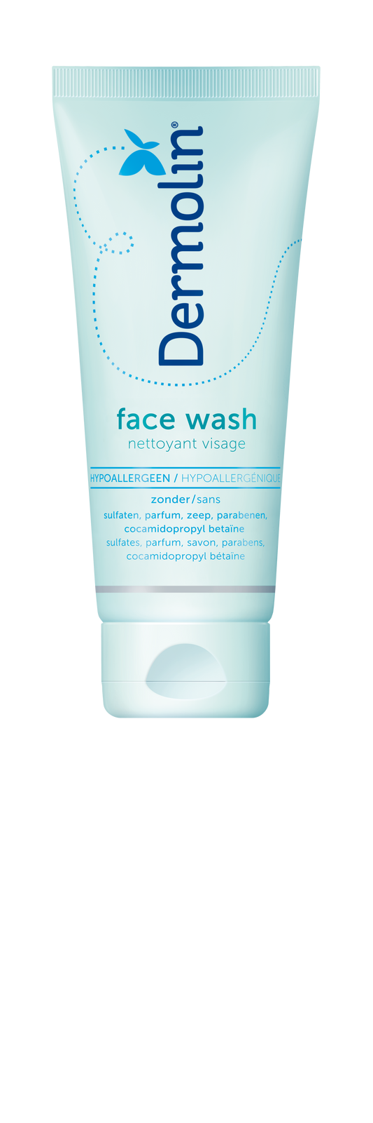Dermolin Face Wash CAPB Vrij 100ml, gentle facial cleanser for sensitive skin, with natural ingredients and no CAPB.