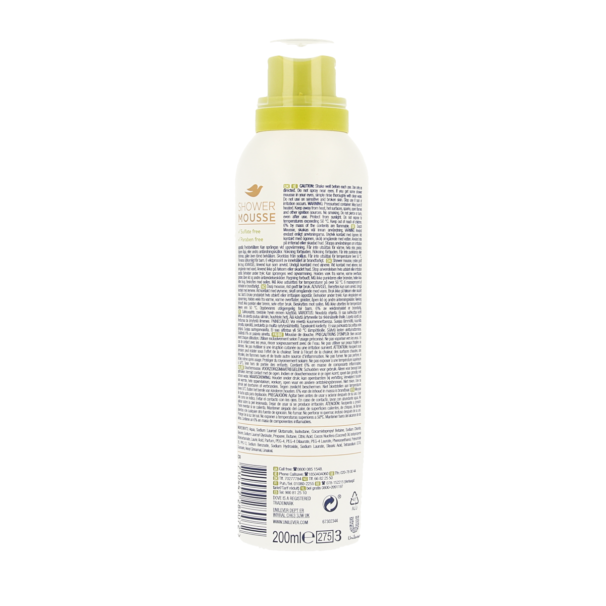 Dove shower mousse with coconut oil in 200ml bottle, featuring a pump dispenser and coconut-themed label.