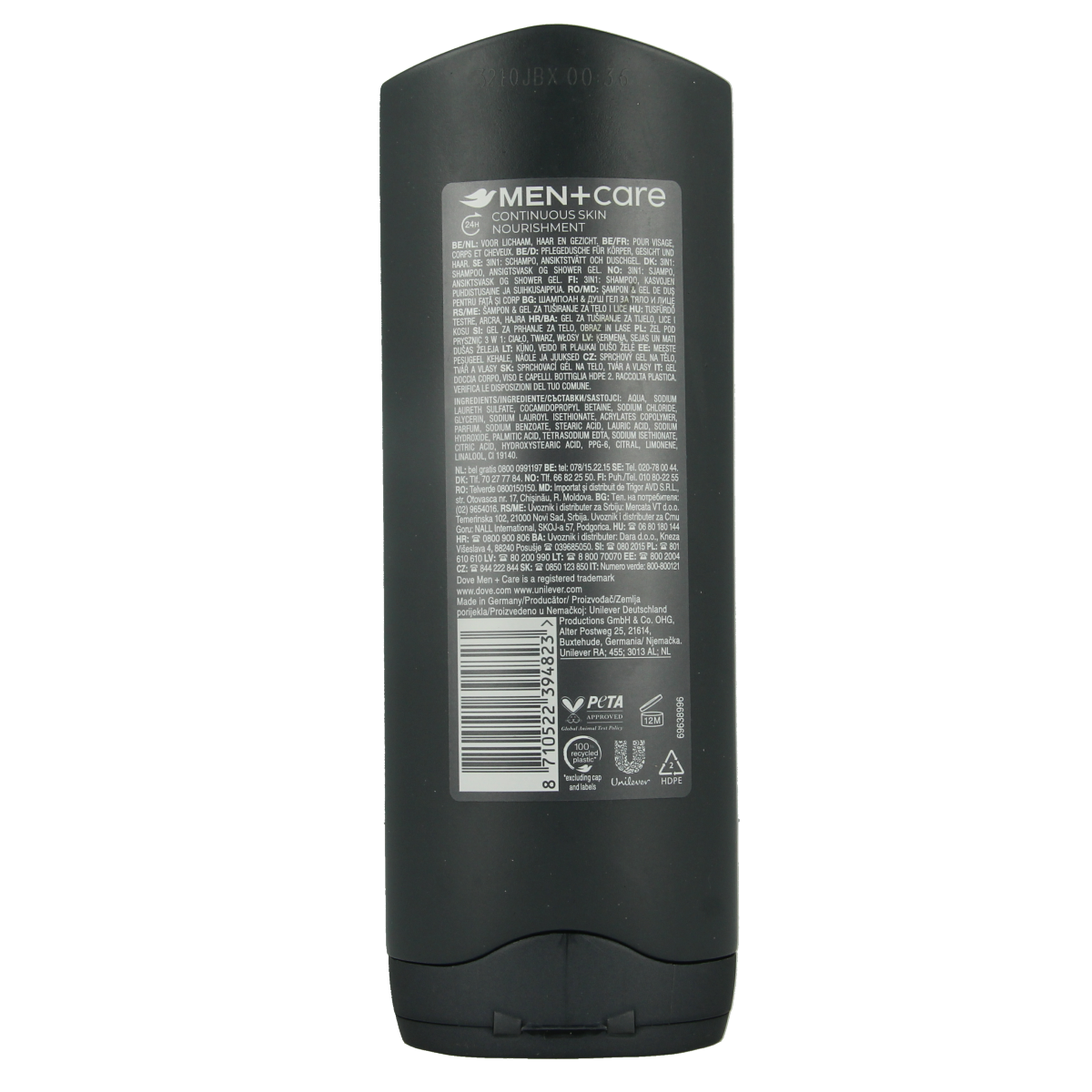 Dove Men+Care Sport Active & Fresh shower gel bottle, 250ml, with blue and white packaging on a shower shelf