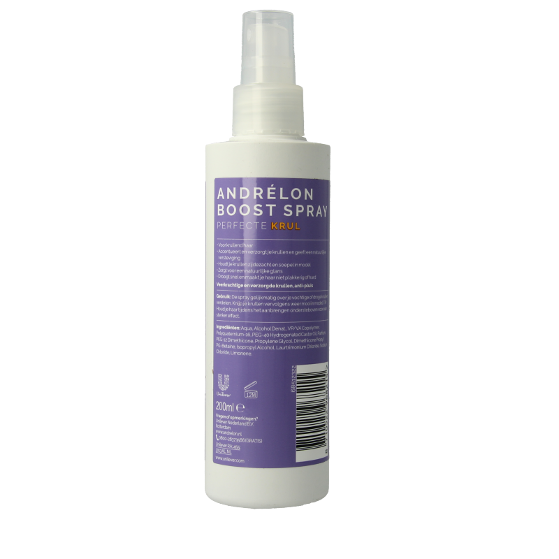 Andrelon Krul booster spray for hair styling, 200ml bottle, enhances curls and adds volume to curly hair.