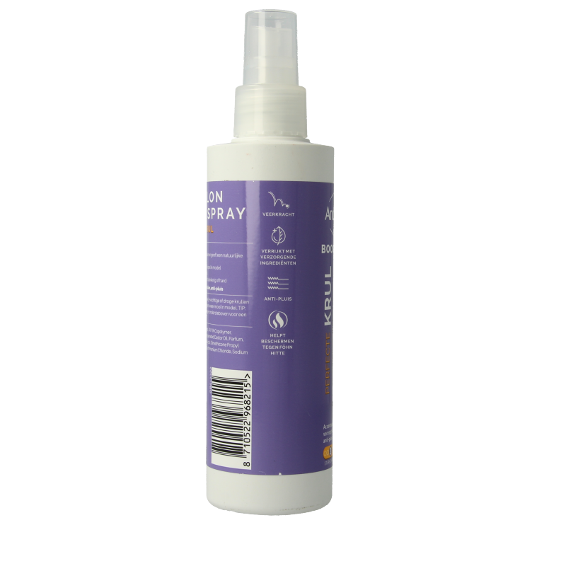 Andrelon Krul booster spray for hair styling, 200ml bottle with curly hair on model, enhancing curls and volume.