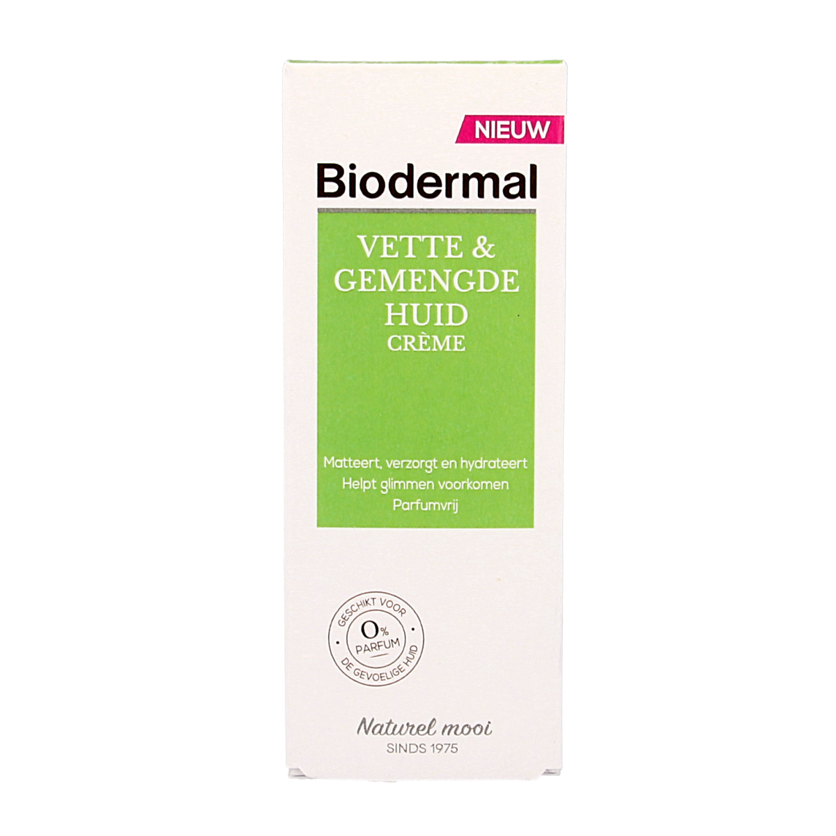 Biodermal Vet & Gemengde Huid gezichtsverzorgingscrème in 50ml jar, featuring creamy texture for mixed and sensitive skin.