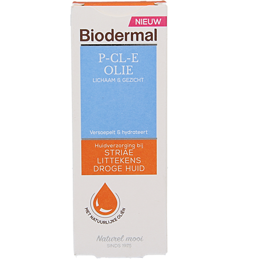 Biodermal P-CL-E olie 75ml for body care, featuring a clear bottle with a white cap, suitable for nourishing skin.