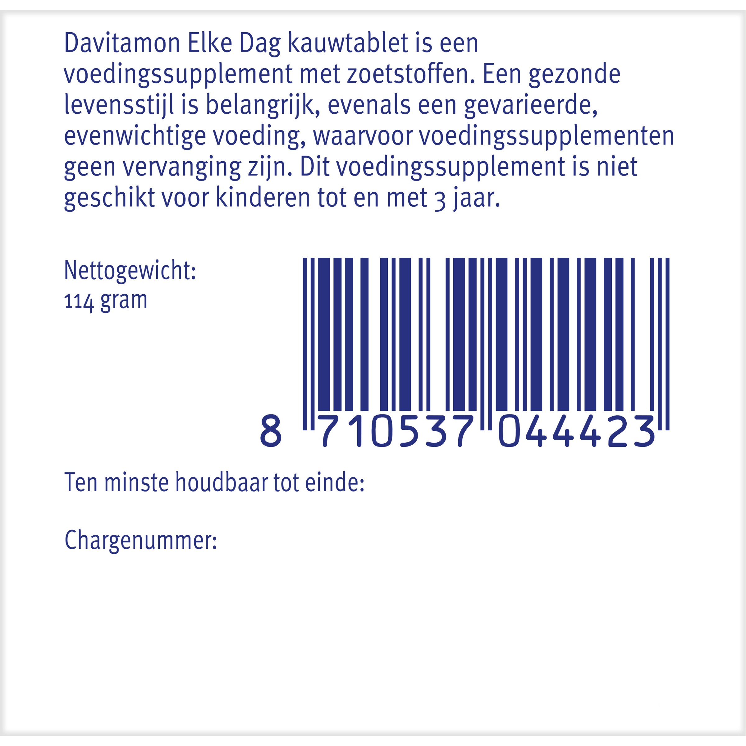 Davitamon Elke dag multivitamine kauwtabletten in een open doos, showing round, light-colored tablets for daily supplement intake.