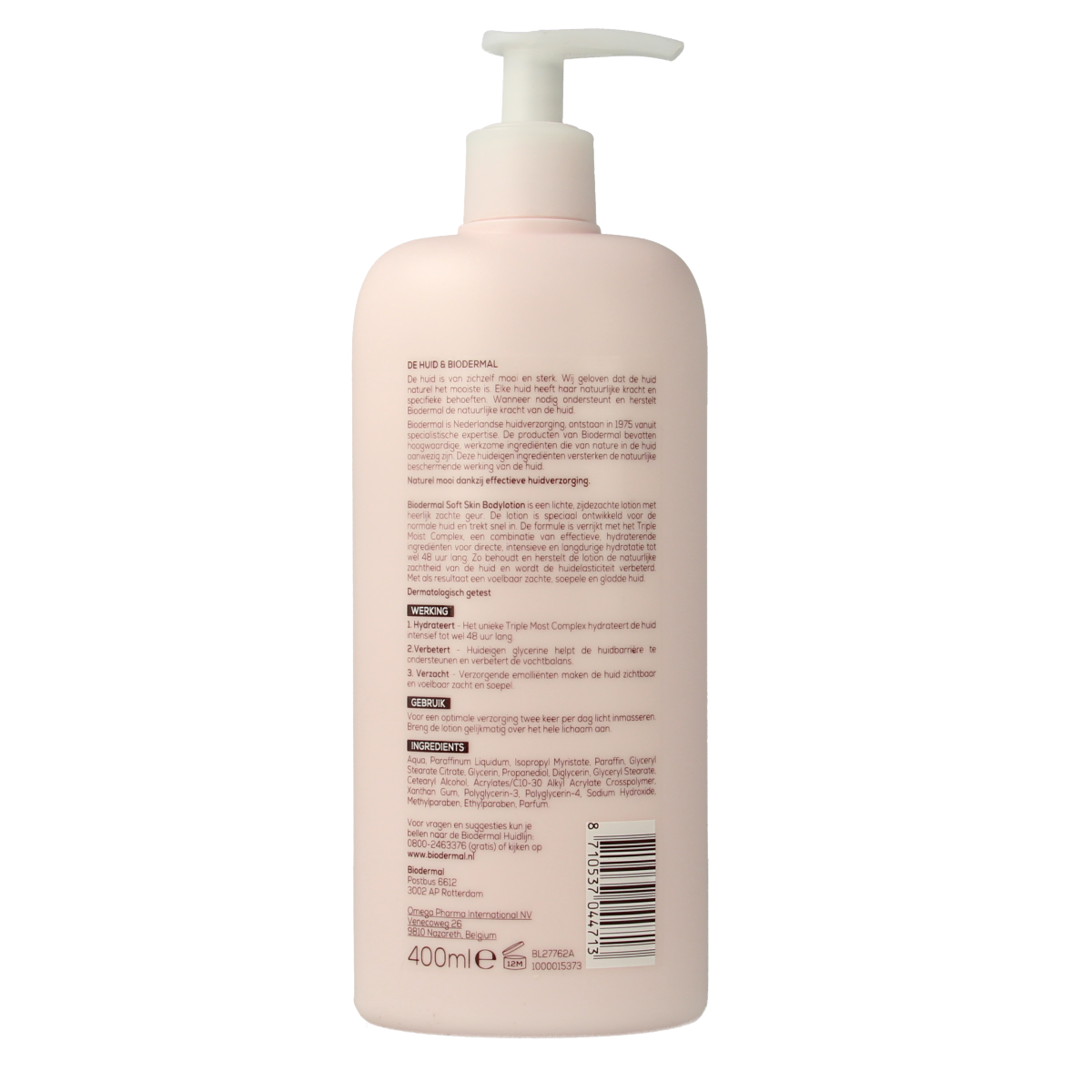 Biodermal Bodylotion soft skin in 400ml bottle, hydrating body moisturizer for smooth, soft skin, part of Biodermal lichaamsverzorging.