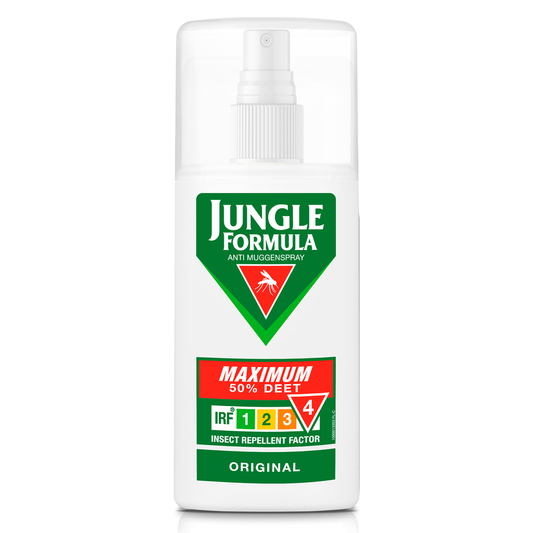 Jungle Formula Maximum insect repellent spray for mosquito bites and stings, 75ml bottle with label and spray nozzle.