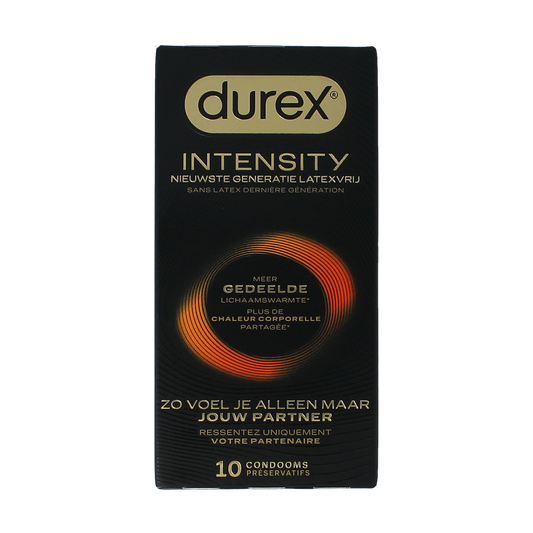 Durex Condooms Intensity pack with 10 condoms, featuring the Durex brand logo and packaging in the image.