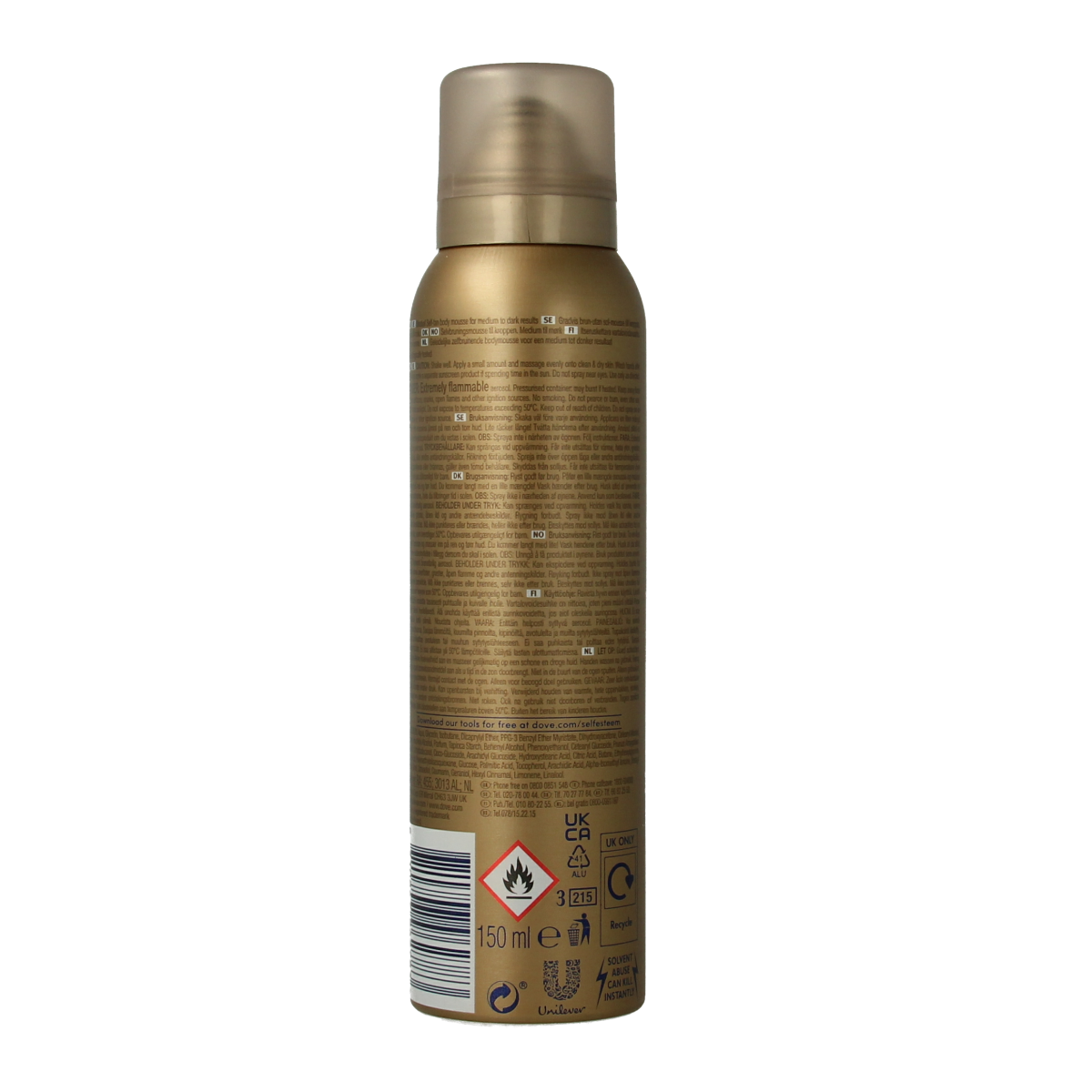 Dove Dermaspa body mousse tanning in medium to dark shade, 150ml, for smooth, bronzed skin application.