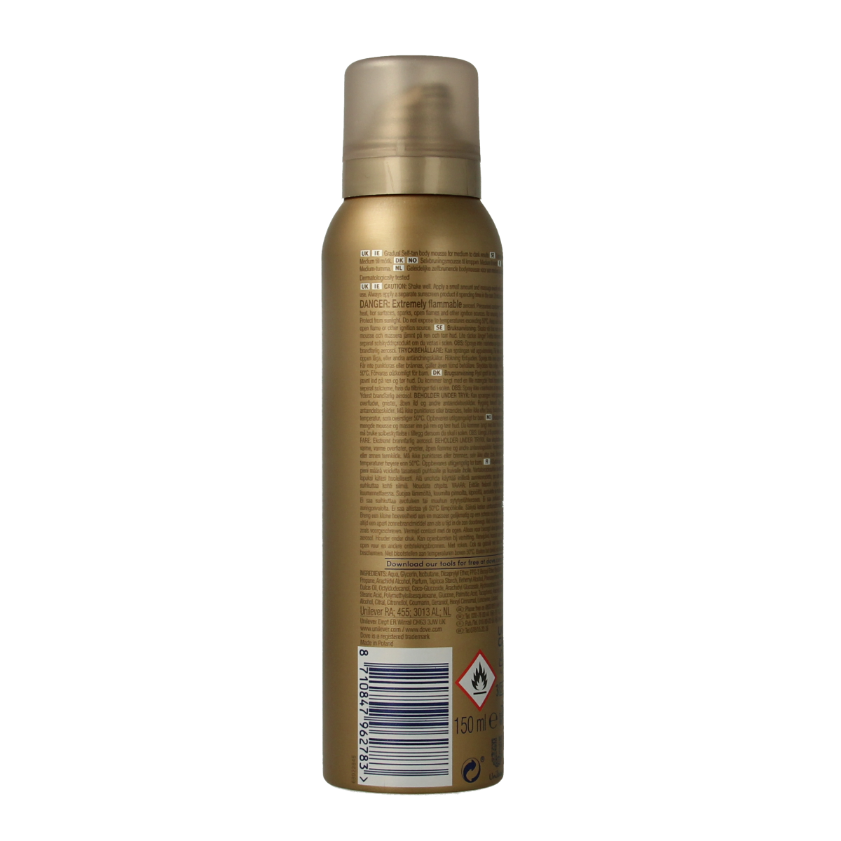 Dove Dermaspa body mousse tanning in medium to dark shade, 150ml bottle, smooth application for glowing skin.