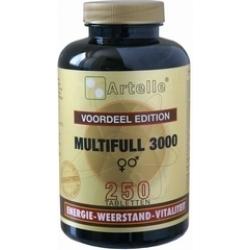 Artelle Multifull 3000 multivitamin tablets, dietary supplement with 250 tablets, in a bottle with a white label and colorful branding.