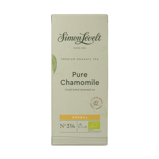 Simon Levelt organic chamomile tea bags in a box, showcasing 20 individual tea sachets for soothing herbal infusions.