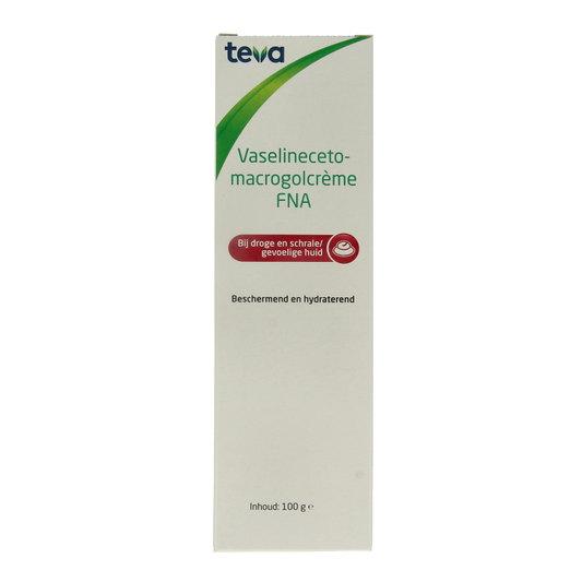 Teva Vaselinecetomacrogolcreme FNA, 100g body care cream in a white jar with a blue lid, for moisturizing skin.