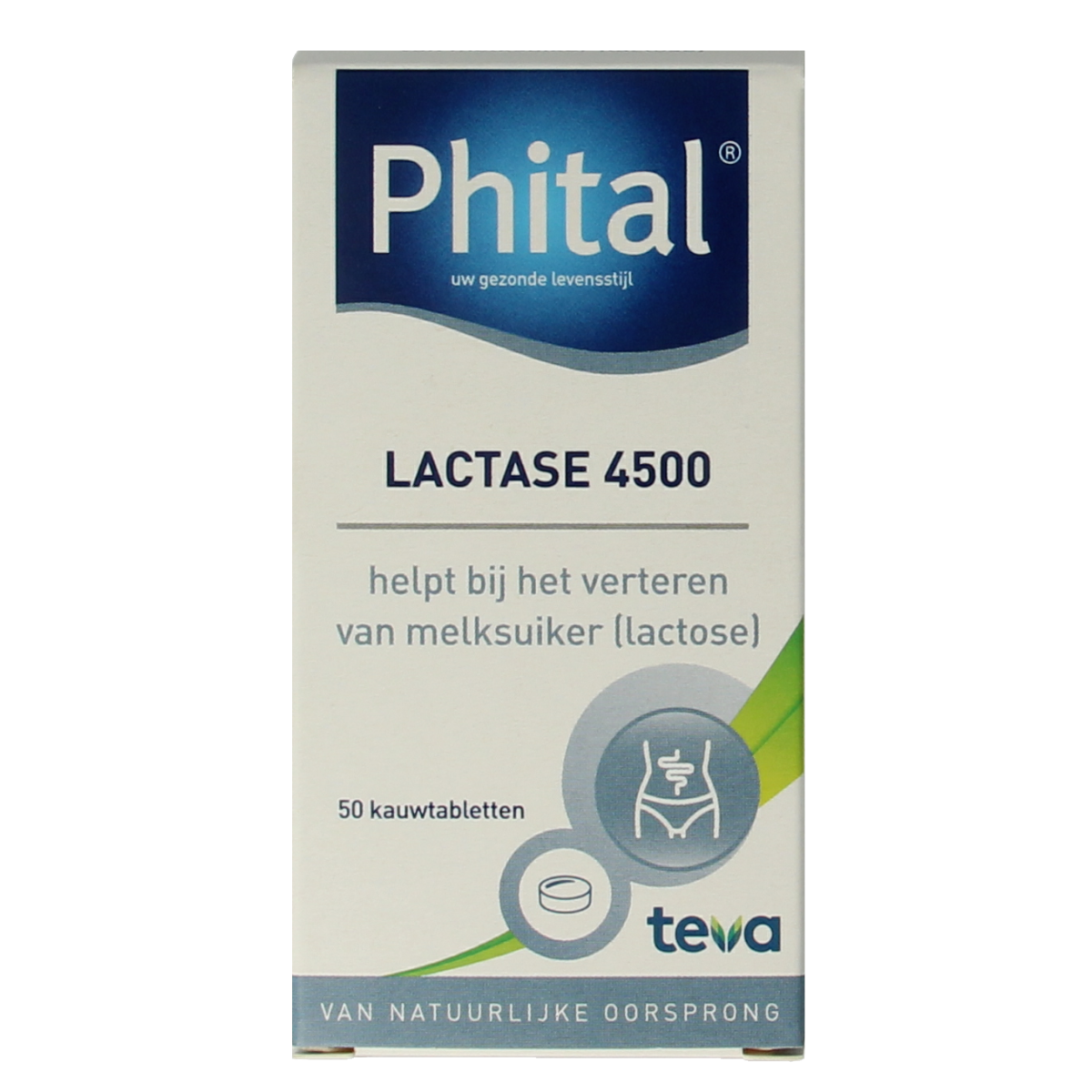 Phital Lactase 4500 chewable tablets, dietary supplement with fibers and enzymes, in a blister pack.