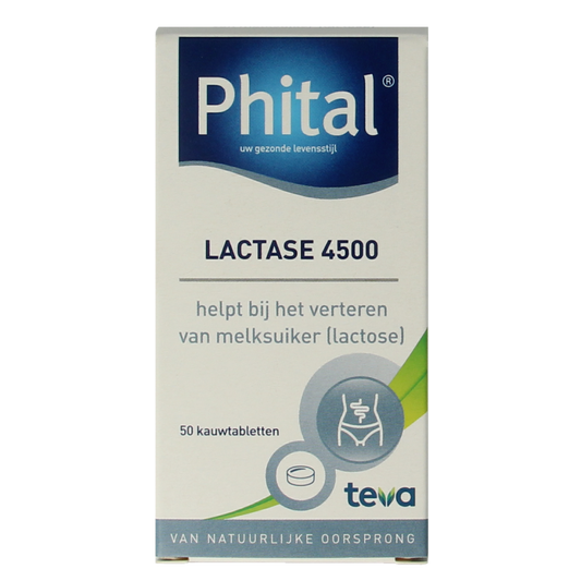 Phital Lactase 4500 chewable tablets, dietary supplement with fibers and enzymes, in blister packaging.