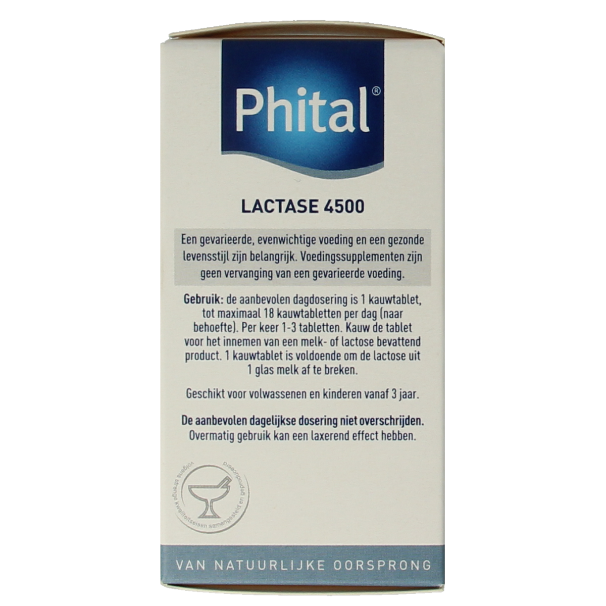Phital Lactase 4500 chewable tablets, dietary supplement with fibers and enzymes, in blister pack, showing tablets and packaging.