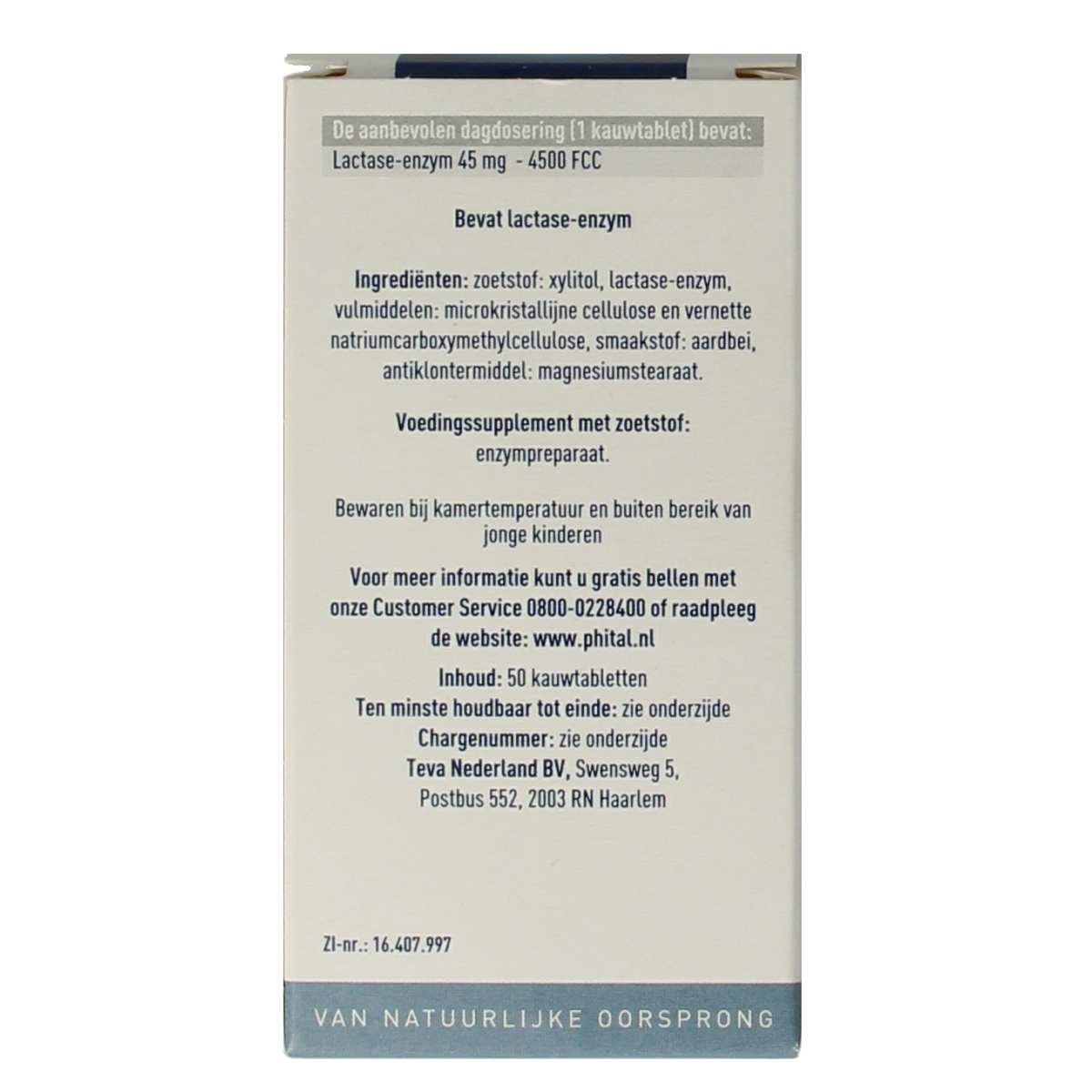 Phital Lactase 4500 chewable tablets, dietary supplement with fibers and enzymes, in blister pack with 50 tablets.