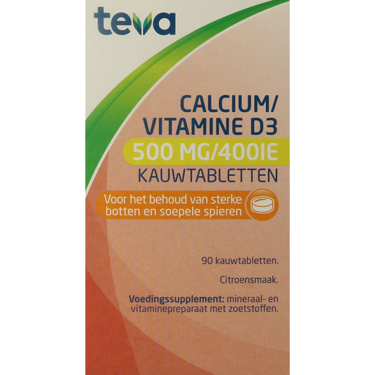 Teva Calcium and Vitamin D chewable tablets, mineral supplement, 500mg calcium, 400IU vitamin D, 90 count, dietary supplement
