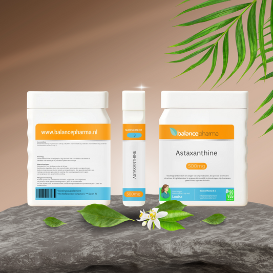 Balancepharma Astaxanthine supplements in 90 vegetarian capsules, herbal product with natural red-orange capsules.