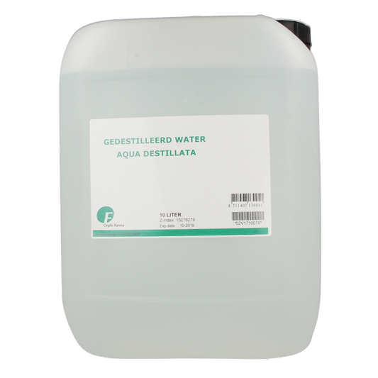 Chempropack distilled water 10 liters, clear and pure, used for cleaning and industrial applications, in a large plastic container.