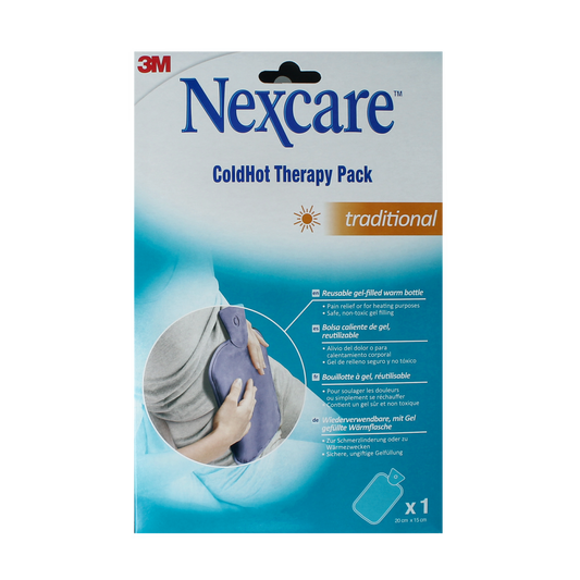 Nexcare traditional velvet hot and cold water bottle filled with gel, 1 piece, soft fabric cover for soothing warmth or cold therapy.