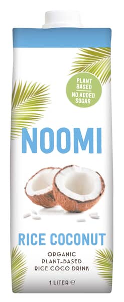 Noomi Kokos Rijstdrink bio 1L in a carton, natural coconut and rice beverage from Noomi, in a 1-liter bottle.