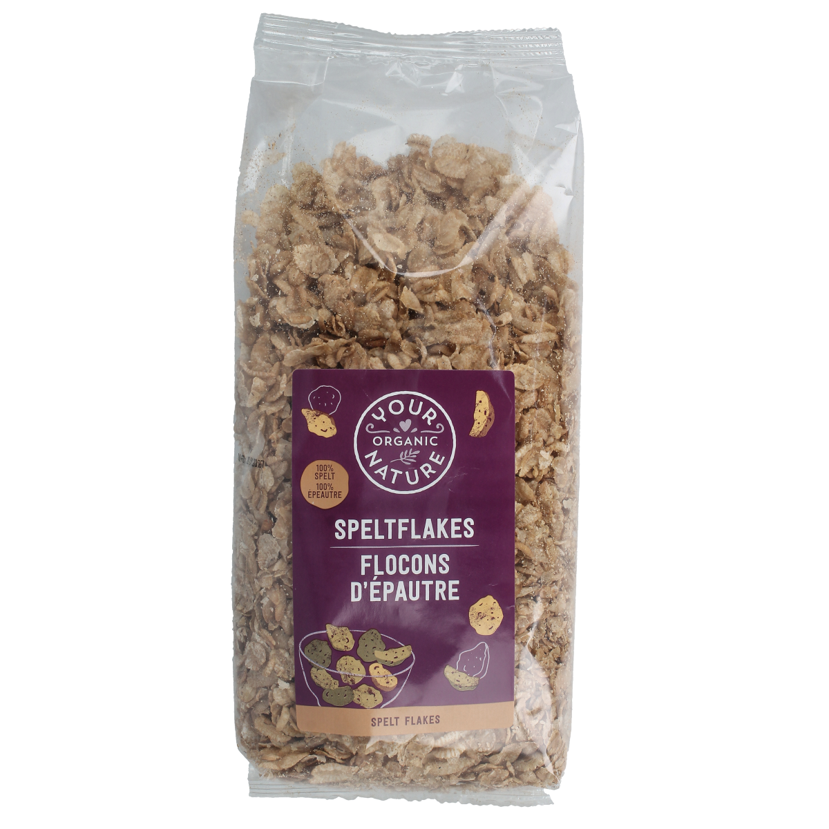 Organic Your Organic Nature Speltflakes in a 250g package, breakfast cereal with whole spelt grains, natural and healthy.