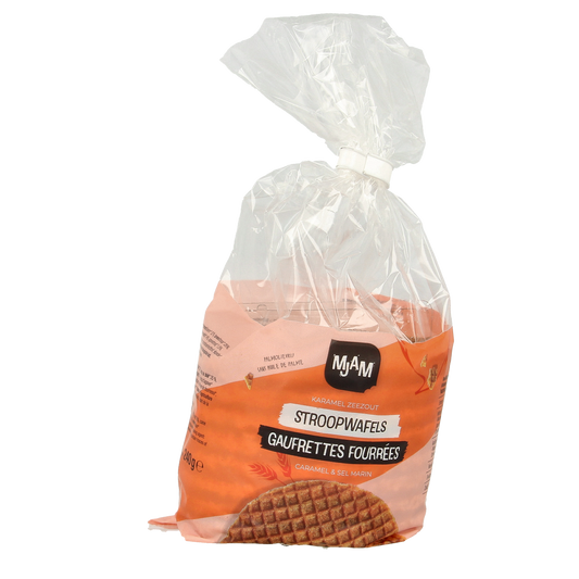 Mjam Stroopwafel with caramel and sea salt, organic Dutch cookie, 240g, showcasing the golden, crispy koeken with caramel filling.