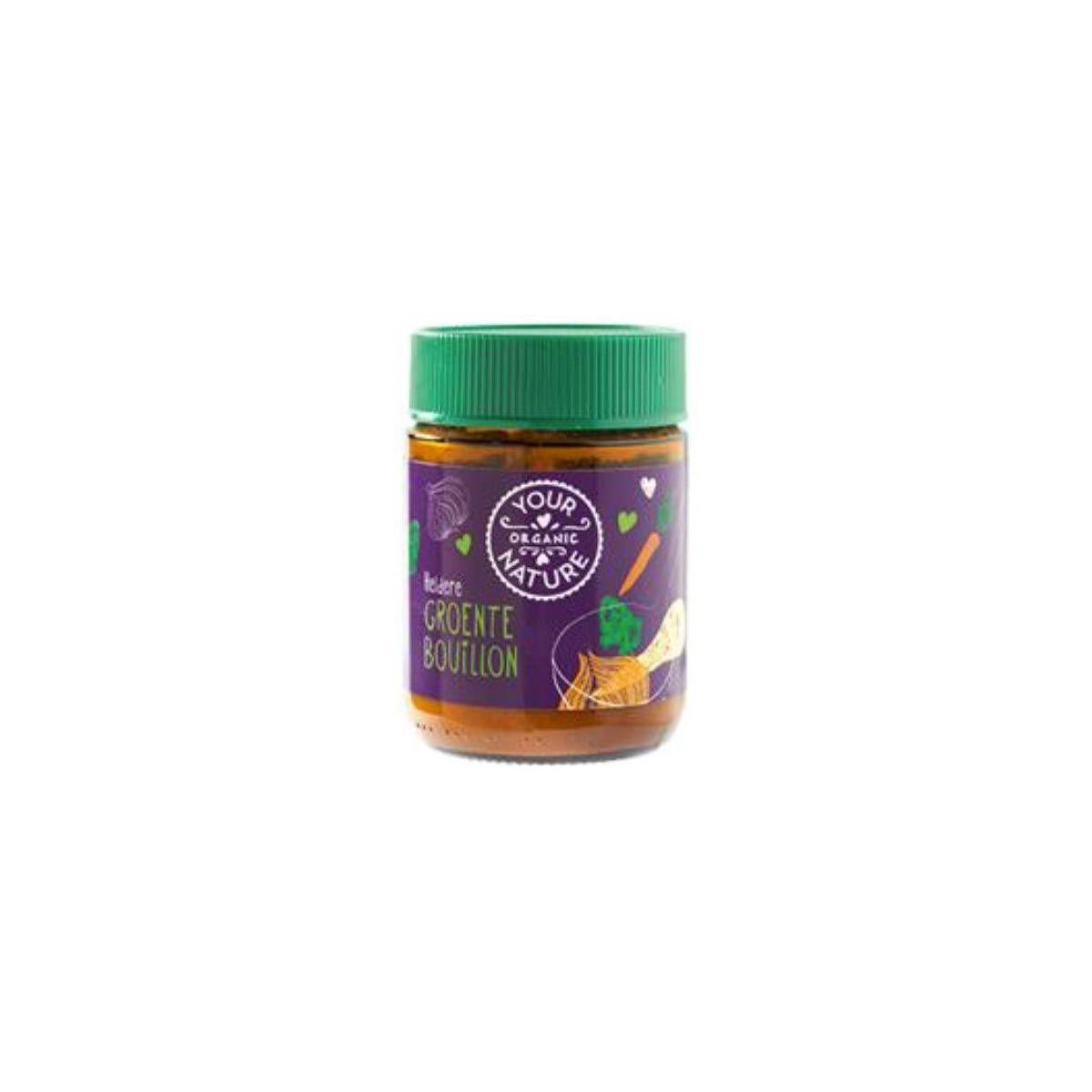 Organic Your Organic Nature vegetable bouillon powder without yeast, 150g, in a clear container with a label and scoop.