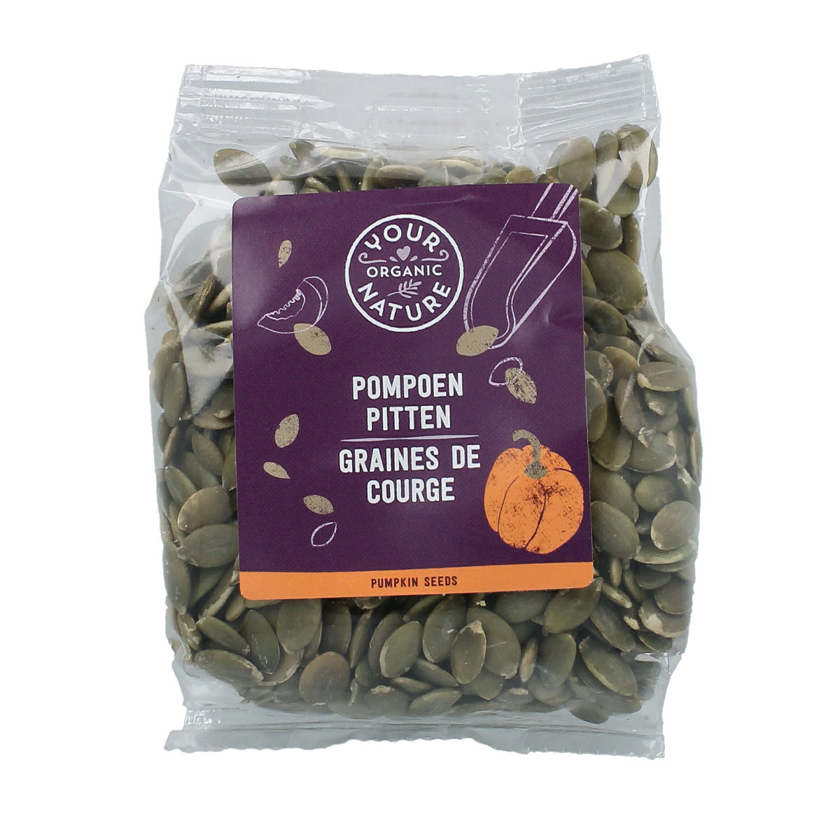 Raw organic pumpkin seeds from Your Organic Nature, 200g, showcasing fresh, whole pumpkin seeds for healthy snacking and cooking.