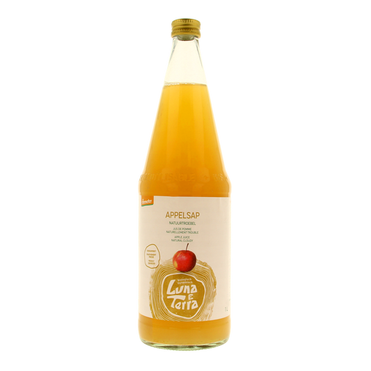 Luna E Terra bio natuurtroebel appelsap in 1 liter bottle, natural apple juice with pulp, eco-friendly packaging.
