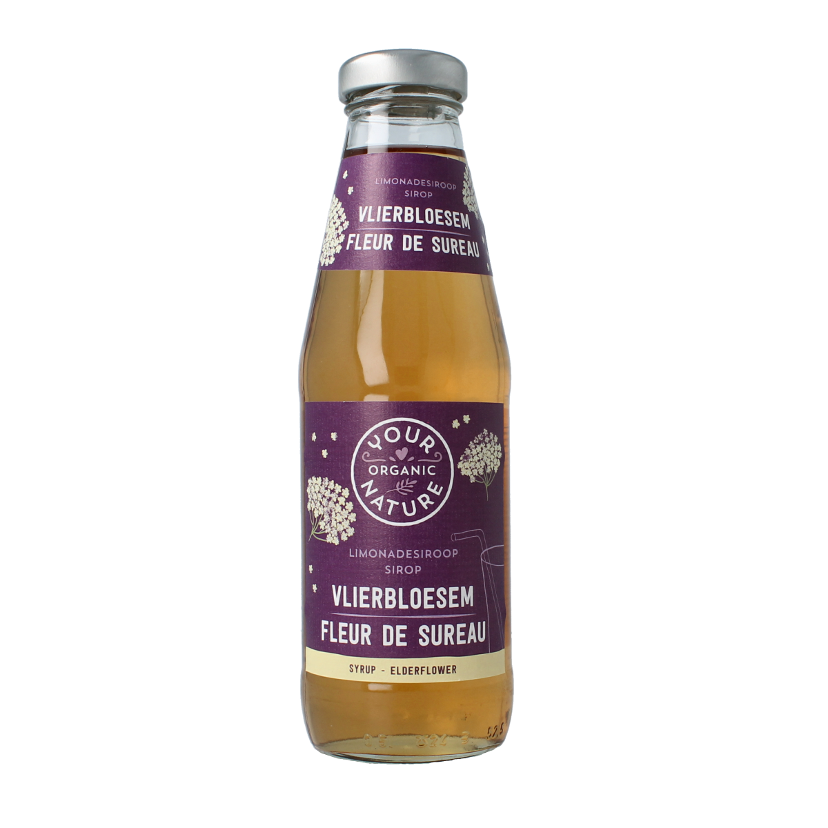 Organic Your Organic Nature elderflower syrup in a 500ml bottle, used for drinks and beverages.