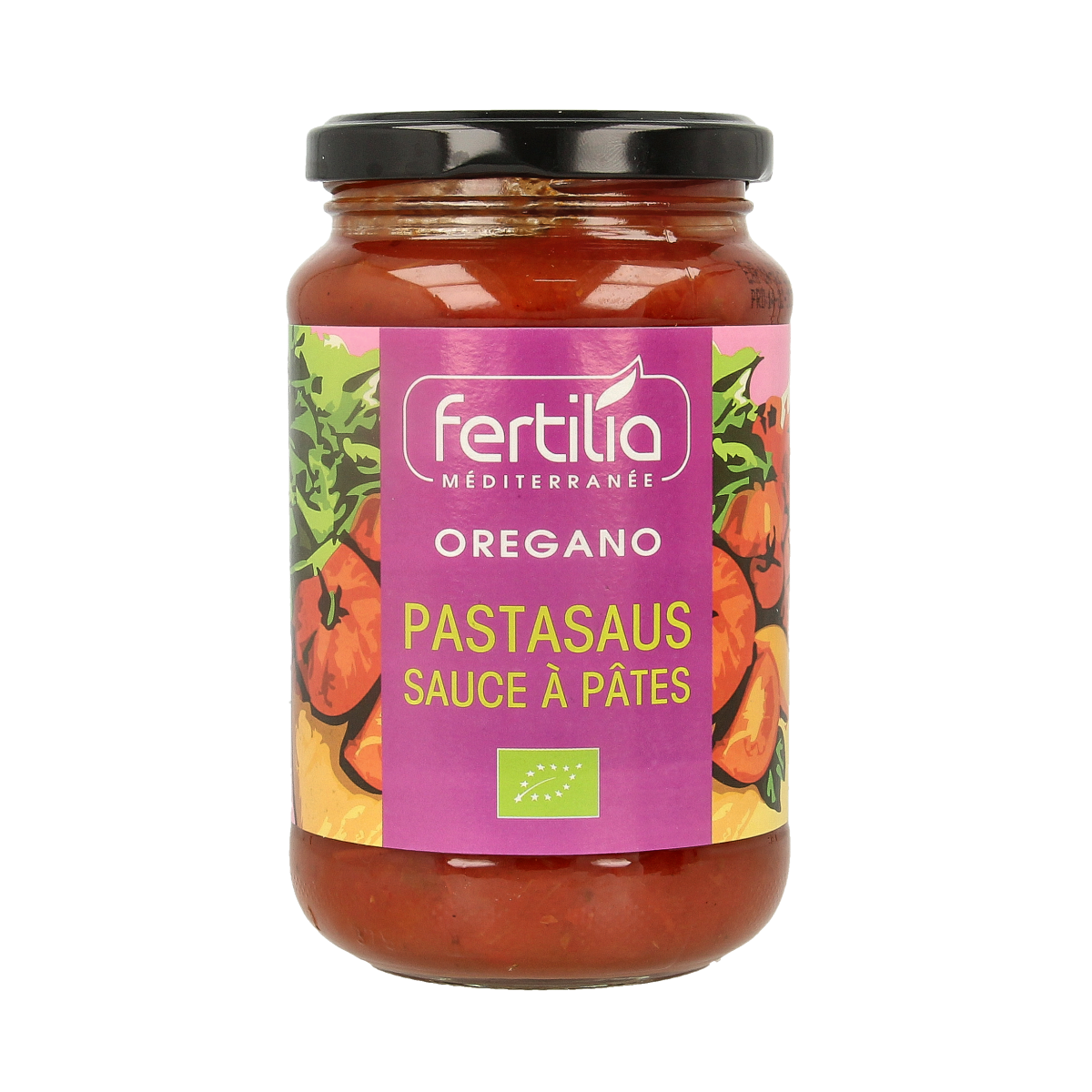 Organic Fertilia oregano pasta sauce in a 350g jar, showcasing fresh herbs and rich tomato base in a natural setting.