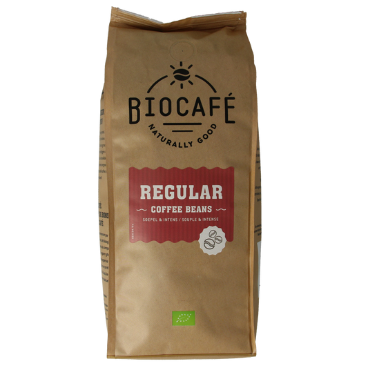 Biocafe bio coffee beans 500g bag, regular roast, whole coffee beans for brewing and fresh coffee flavor.