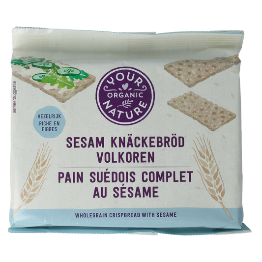 Organic Your Organic Nature Volkoren Sesam Knackebrod cracker, 250g, crispy whole grain bread with sesame seeds.