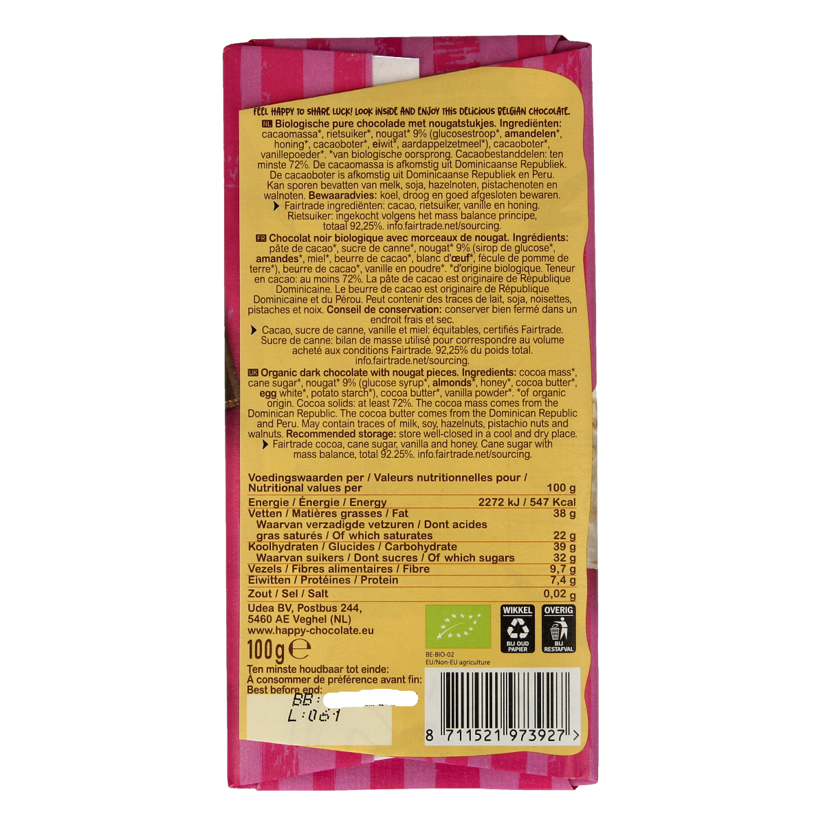 Happy Chocolate Puur nougat bio 100.00 Gram
