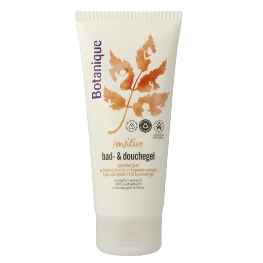 Botanique Bad en Douchegel Sensitive, 200ml, body care gel with gentle formula for sensitive skin, in a clear bottle.