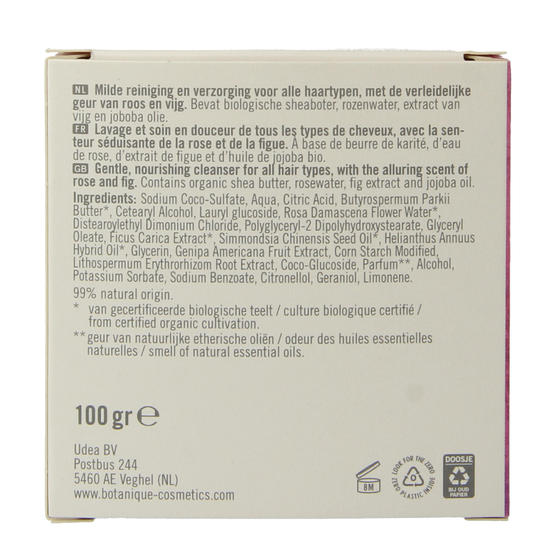 Botanique 2-in-1 shampoo conditioner bar with rose and fig, 100 grams, natural hair care product in a compact bar form.