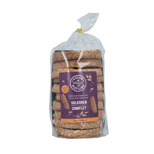 Whole grain organic Beschuit volkoren crackers from Your Organic Nature, shown in a close-up image.